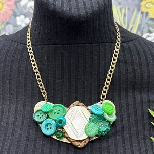 Adorned Crown Jewelry assemblage vintage button bib collage green necklace